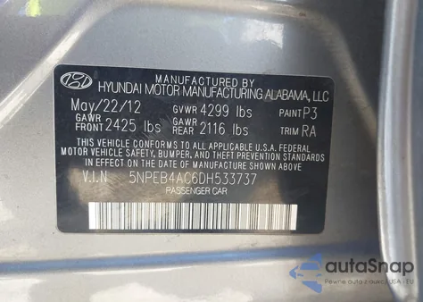 2013 Hyundai Sonata Gls from USA, damaged, VIN 5NPEB4AC6DH533737